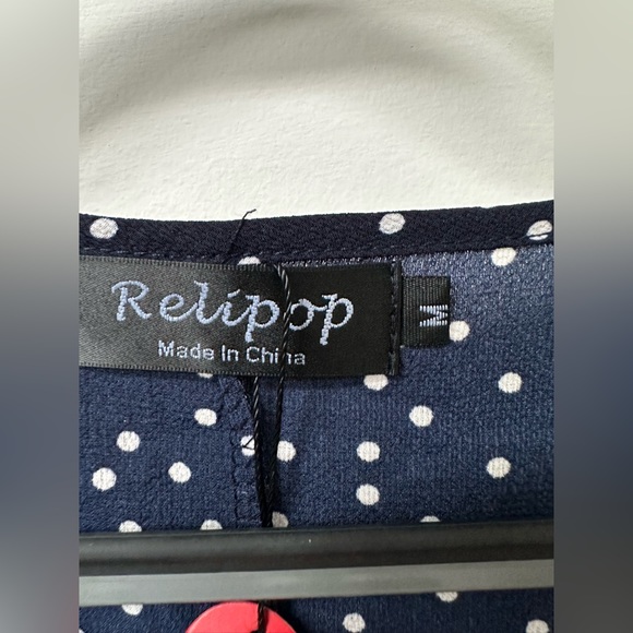 Navy with White Polka Dots Tie Front Dress - Picture 2 of 3